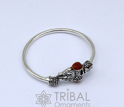 Sterling silver Lord Shiva trident baby bangle bracelet, unisex tribal jewelry with intricate handmade design.
