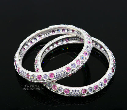 Sterling silver bangle with multicolor stones, featuring intricate tribal design for brides and wedding jewelry by TRIBAL ORNAMENTS.