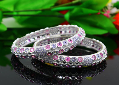 Sterling silver bangle with multicolor stones, intricate tribal design, perfect for brides or weddings, by TRIBAL ORNAMENTS.