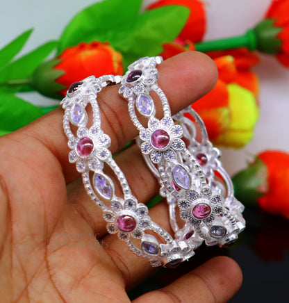 Sterling silver tribal bangle with multicolor stones, stylish and handcrafted jewelry perfect for brides and weddings.