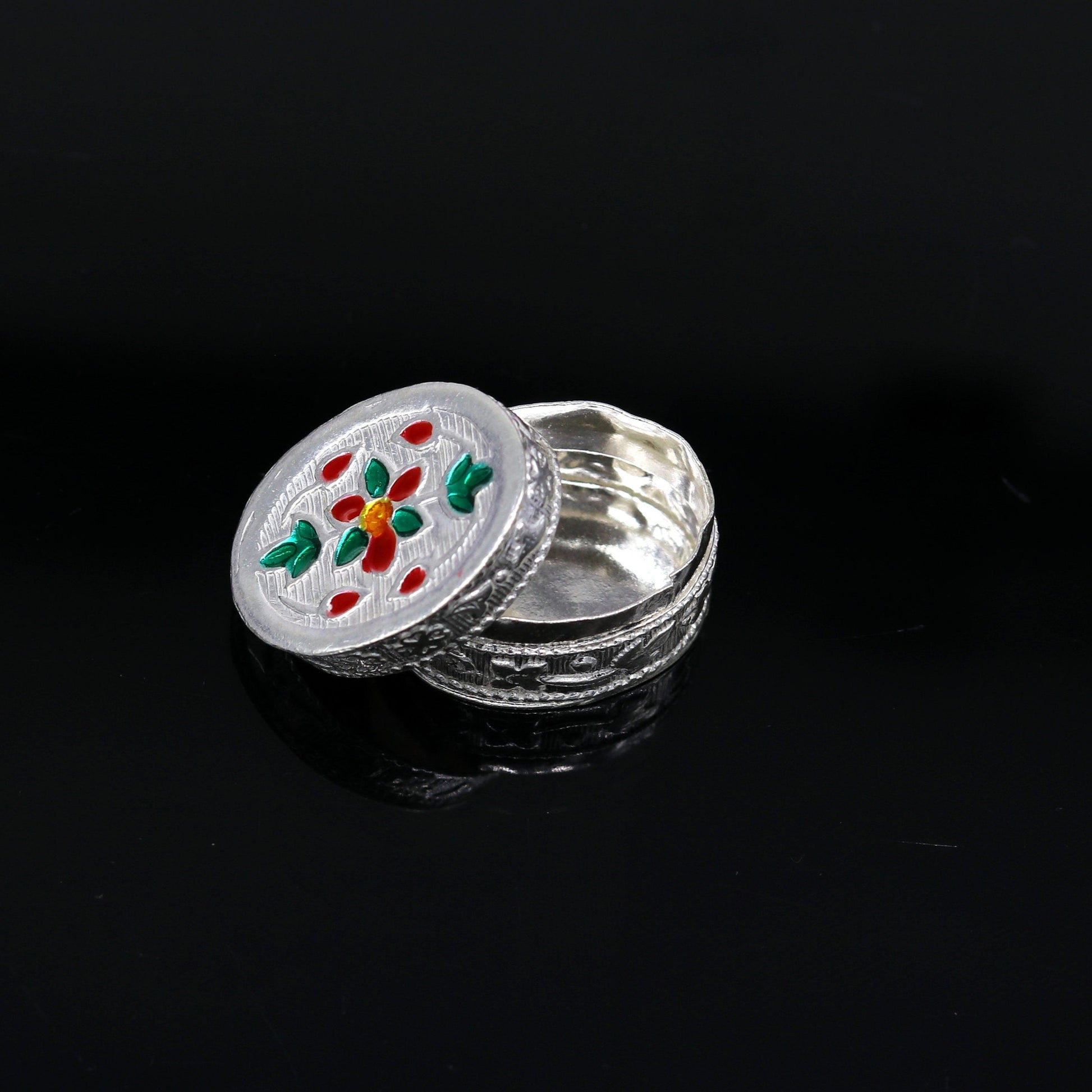 925 sterling silver handmade gorgeous oval shape small trinket box, floral enamel casket box,  gifting container box, silver article stb76 - TRIBAL ORNAMENTS