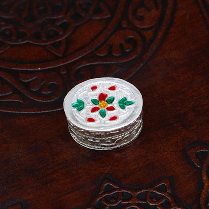 925 sterling silver handmade gorgeous oval shape small trinket box, floral enamel casket box,  gifting container box, silver article stb76 - TRIBAL ORNAMENTS