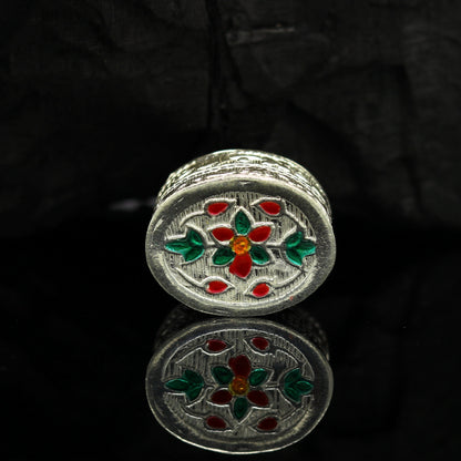 925 sterling silver handmade gorgeous oval shape small trinket box, floral enamel casket box,  gifting container box, silver article stb76 - TRIBAL ORNAMENTS