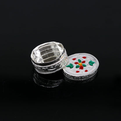 925 sterling silver handmade gorgeous oval shape small trinket box, floral enamel casket box,  gifting container box, silver article stb76 - TRIBAL ORNAMENTS