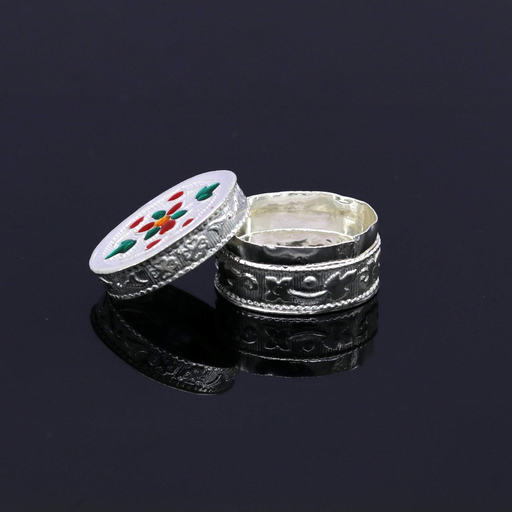 925 sterling silver handmade gorgeous oval shape small trinket box, floral enamel casket box,  gifting container box, silver article stb76 - TRIBAL ORNAMENTS
