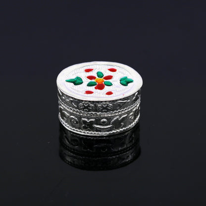 925 sterling silver handmade gorgeous oval shape small trinket box, floral enamel casket box,  gifting container box, silver article stb76 - TRIBAL ORNAMENTS