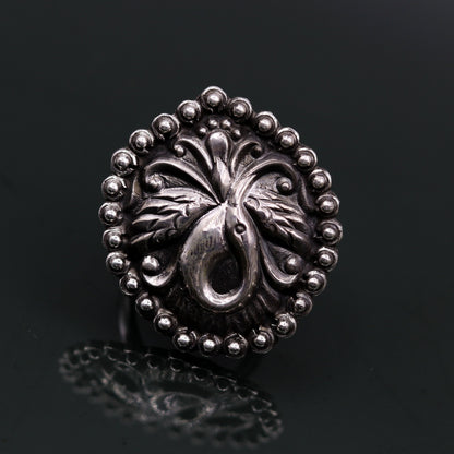 925 Sterling silver handmade peacock design temple ring by TRIBAL ORNAMENTS, featuring intricate tribal jewelry style and adjustable fit.