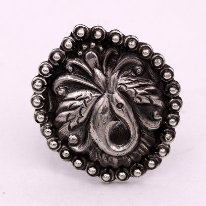 925 Sterling silver handmade peacock design tribal temple ring with adjustable band, featuring intricate tribal jewelry craftsmanship.