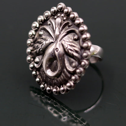 Handmade 925 sterling silver peacock design tribal temple ring with adjustable band, intricate details, and elegant craftsmanship.