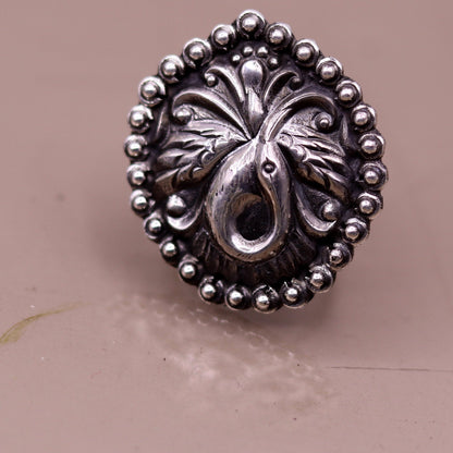 925 Sterling silver handmade peacock design adjustable tribal temple ring with intricate details from TRIBAL ORNAMENTS.
