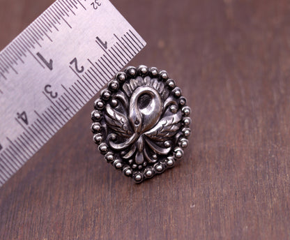 925 Sterling silver handmade peacock design tribal temple ring featuring an adjustable band and intricate tribal jewelry details.