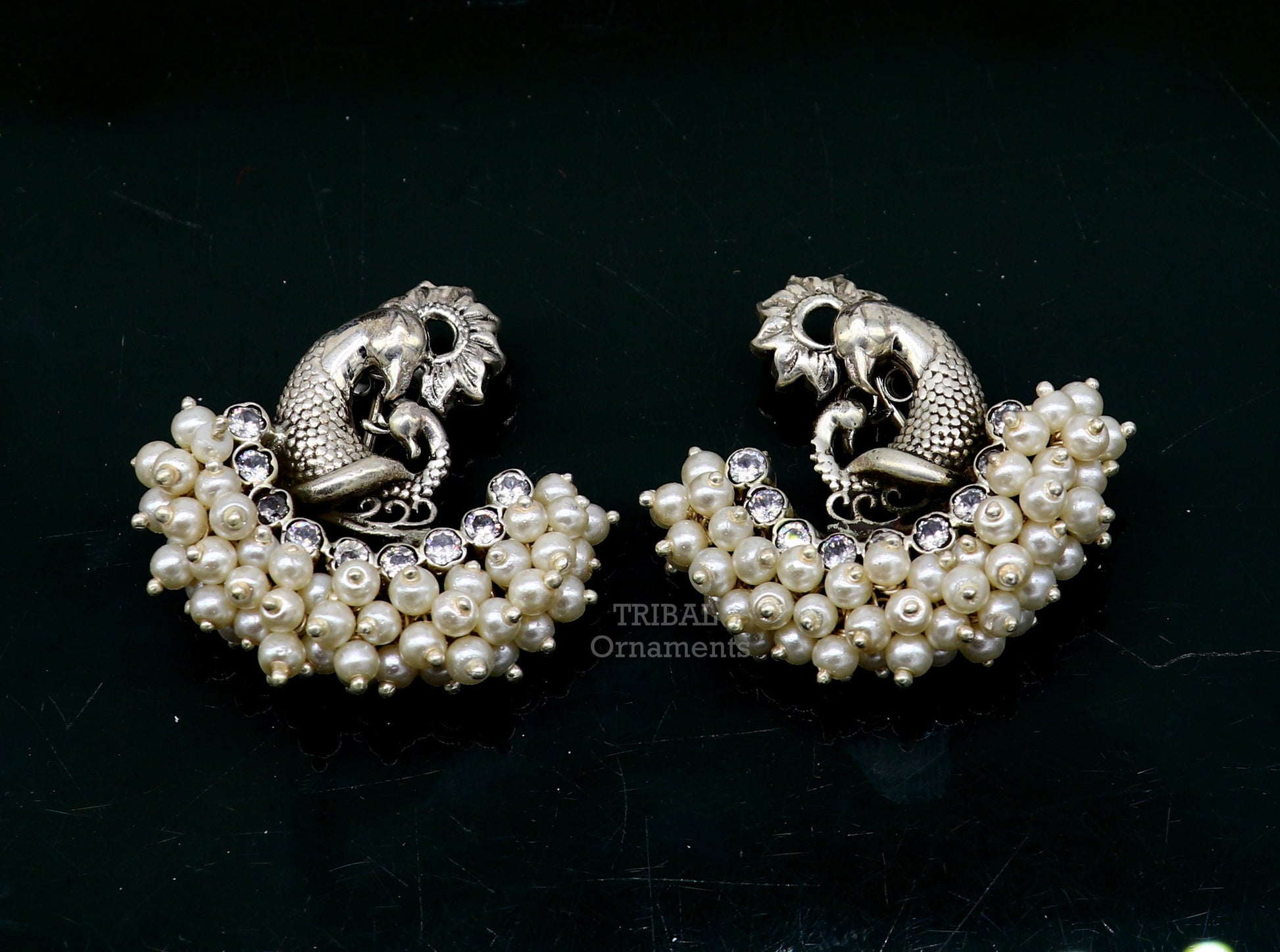 925 sterling silver handmade gorgeous peacock design stud earring with gorgeous cut stone and pearl customized earring tribal jewelry s1033 - TRIBAL ORNAMENTS