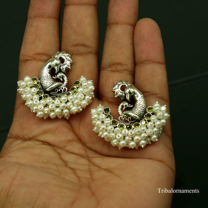 Sterling silver handmade peacock design stud earring with pearl stone, tribal jewelry by TRIBAL ORNAMENTS.