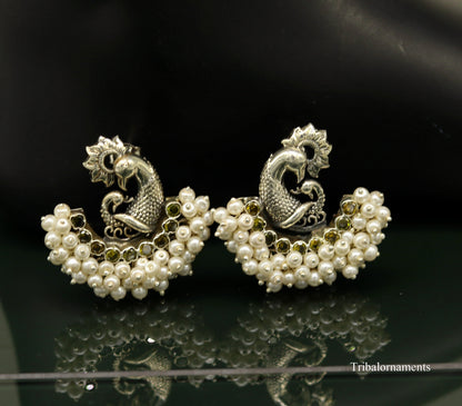 925 sterling silver handmade peacock design stud earring with pearl stone, tribal jewelry by TRIBAL ORNAMENTS.