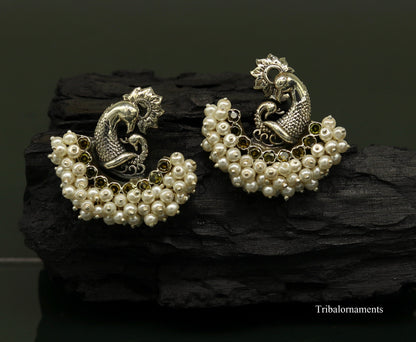 925 sterling silver handmade peacock design stud earring with pearl stone, tribal jewelry by TRIBAL ORNAMENTS.