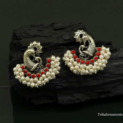 925 sterling silver handmade gorgeous peacock design stud earring with gorgeous red and pearl stone customized earring tribal jewelry s859 - TRIBAL ORNAMENTS