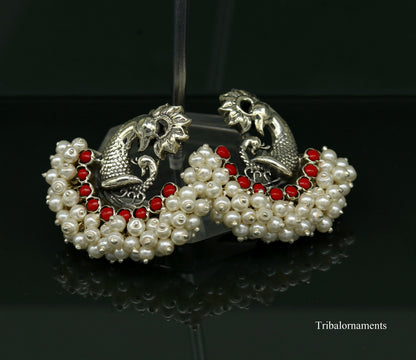 925 sterling silver handmade gorgeous peacock design stud earring with gorgeous red and pearl stone customized earring tribal jewelry s859 - TRIBAL ORNAMENTS