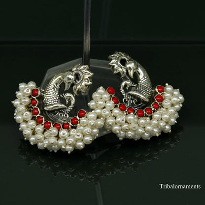 925 sterling silver handmade gorgeous peacock design stud earring with gorgeous red and pearl stone customized earring tribal jewelry s859 - TRIBAL ORNAMENTS