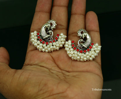 925 sterling silver handmade gorgeous peacock design stud earring with gorgeous red and pearl stone customized earring tribal jewelry s859 - TRIBAL ORNAMENTS