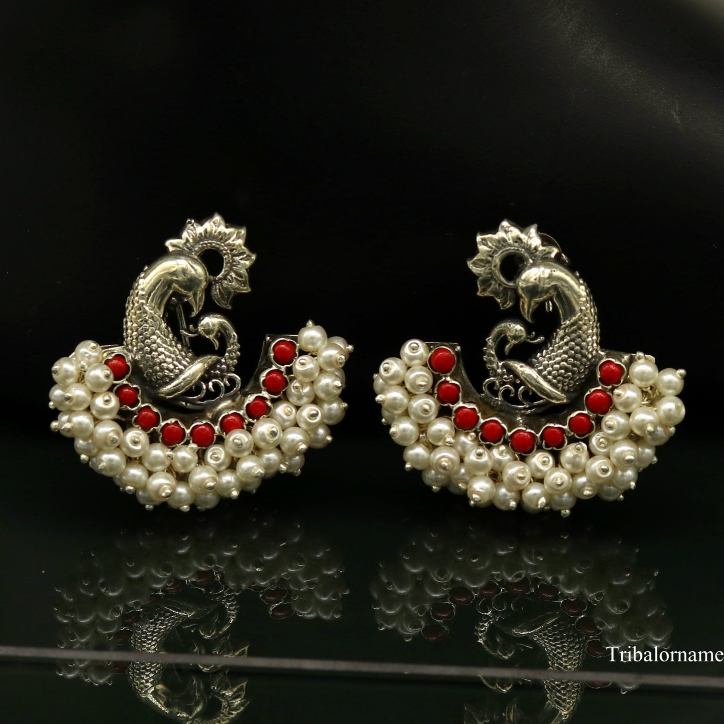 925 sterling silver handmade gorgeous peacock design stud earring with gorgeous red and pearl stone customized earring tribal jewelry s859 - TRIBAL ORNAMENTS