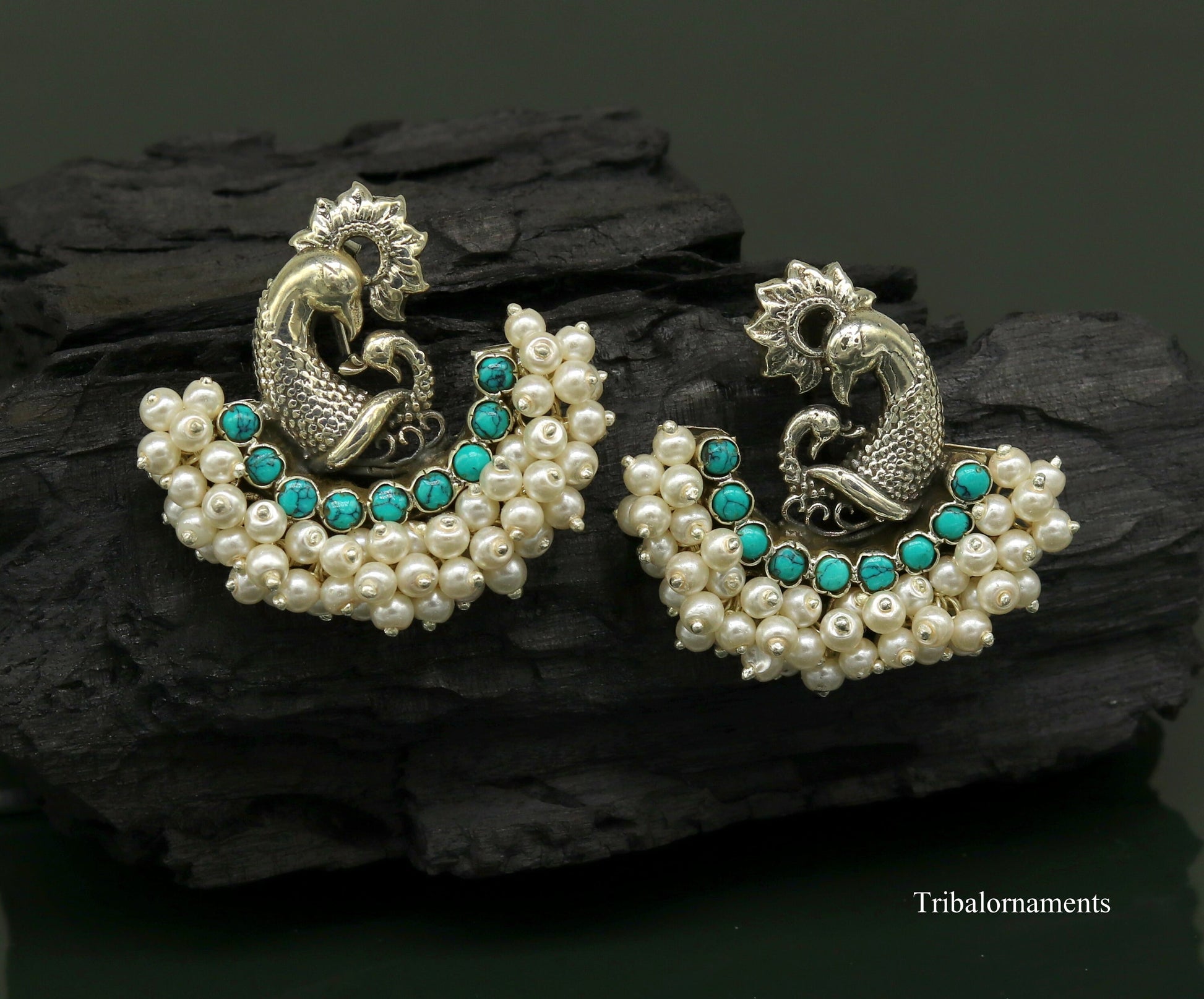 925 sterling silver handmade gorgeous peacock design stud earring with gorgeous turquoise and pearl customized earring tribal jewelry s858 - TRIBAL ORNAMENTS