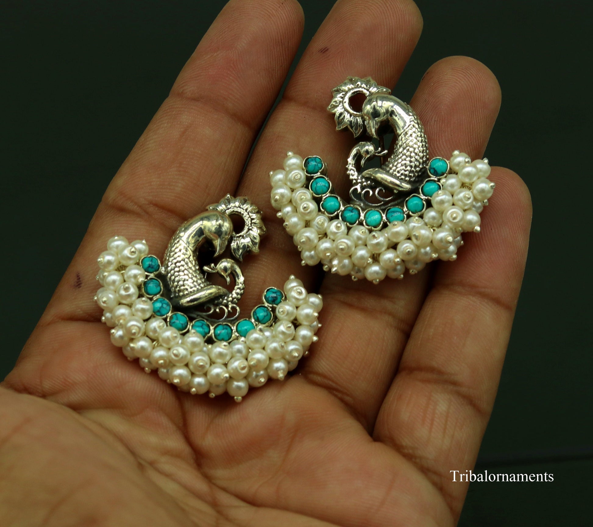 925 sterling silver handmade gorgeous peacock design stud earring with gorgeous turquoise and pearl customized earring tribal jewelry s858 - TRIBAL ORNAMENTS