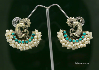 925 sterling silver handmade peacock design stud earring with turquoise and pearl, tribal jewelry by TRIBAL ORNAMENTS