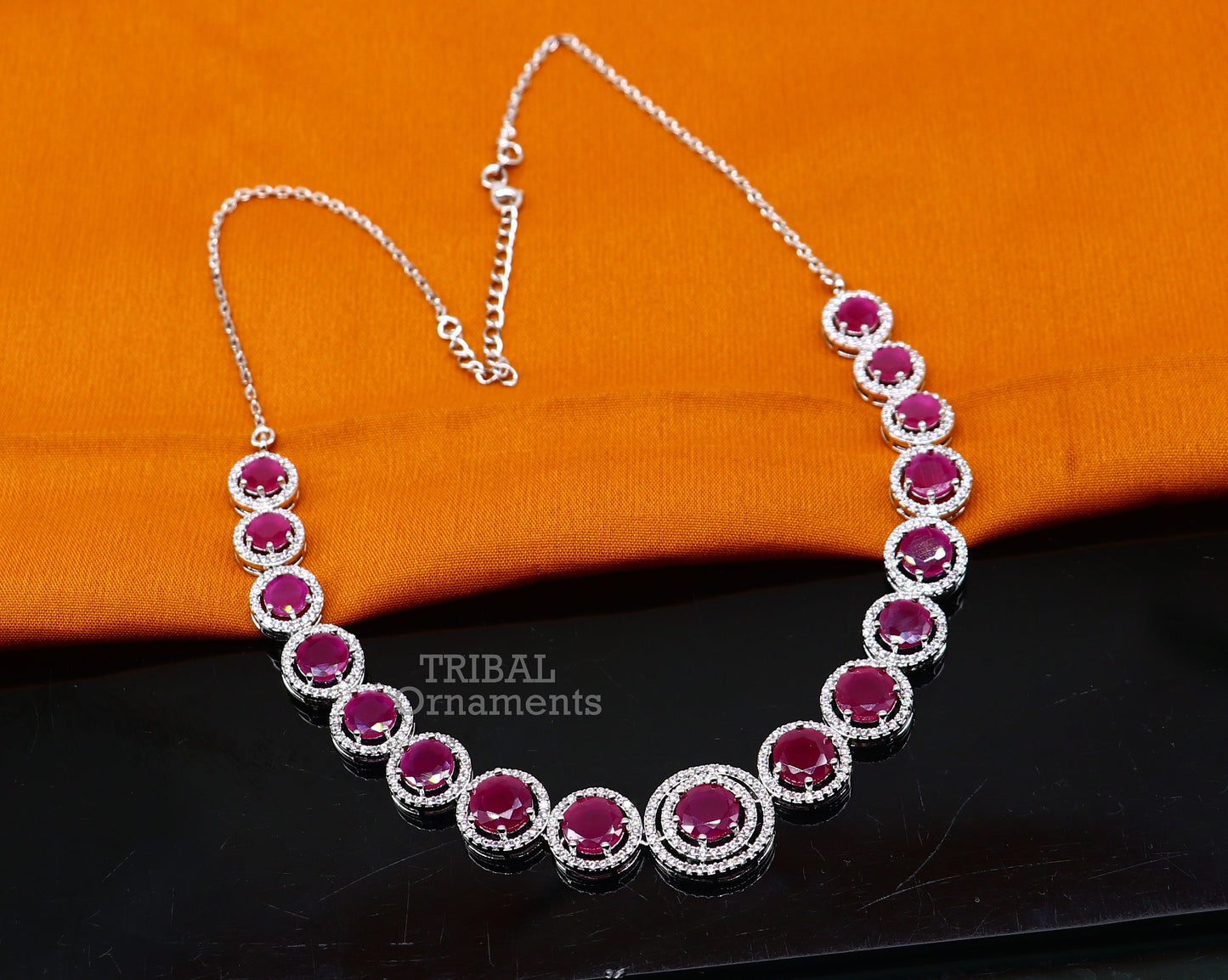925 sterling silver necklace with pink cubic zirconia stones, featuring intricate work, perfect for weddings and brides.