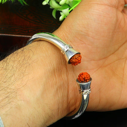 925 sterling silver open face bangle cuff with bright Rudraksha beads, stylish handmade kada bracelet from TRIBAL ORNAMENTS.