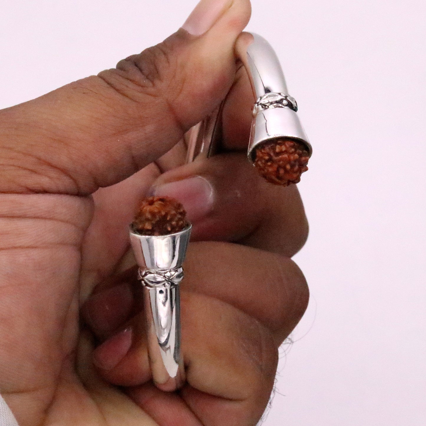 925 sterling silver handmade gorgeous Plain bright stylish kada with rudraksha beads open face kada bracelet jewelry from india nsk81 - TRIBAL ORNAMENTS