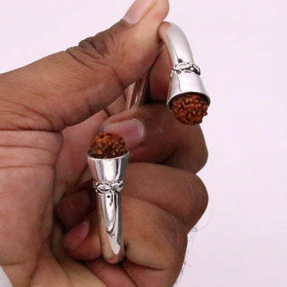 Sterling silver open face bangle cuff with bright Rudraksha beads, stylish handmade tribal jewelry from India.