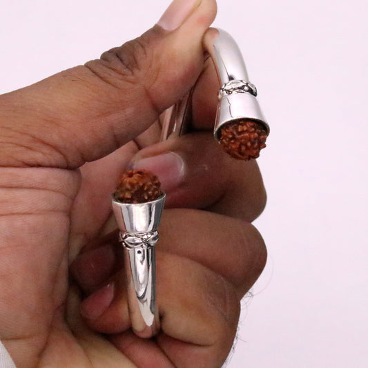 925 sterling silver handmade gorgeous Plain bright stylish kada with rudraksha beads open face kada bracelet jewelry from india nsk81 - TRIBAL ORNAMENTS