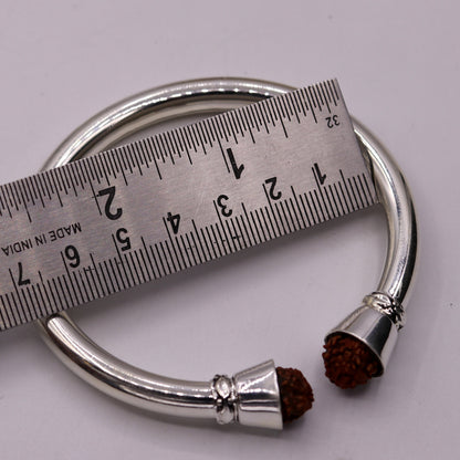 925 sterling silver open face bangle cuff with bright Rudraksha beads, stylish handmade tribal jewelry from India.