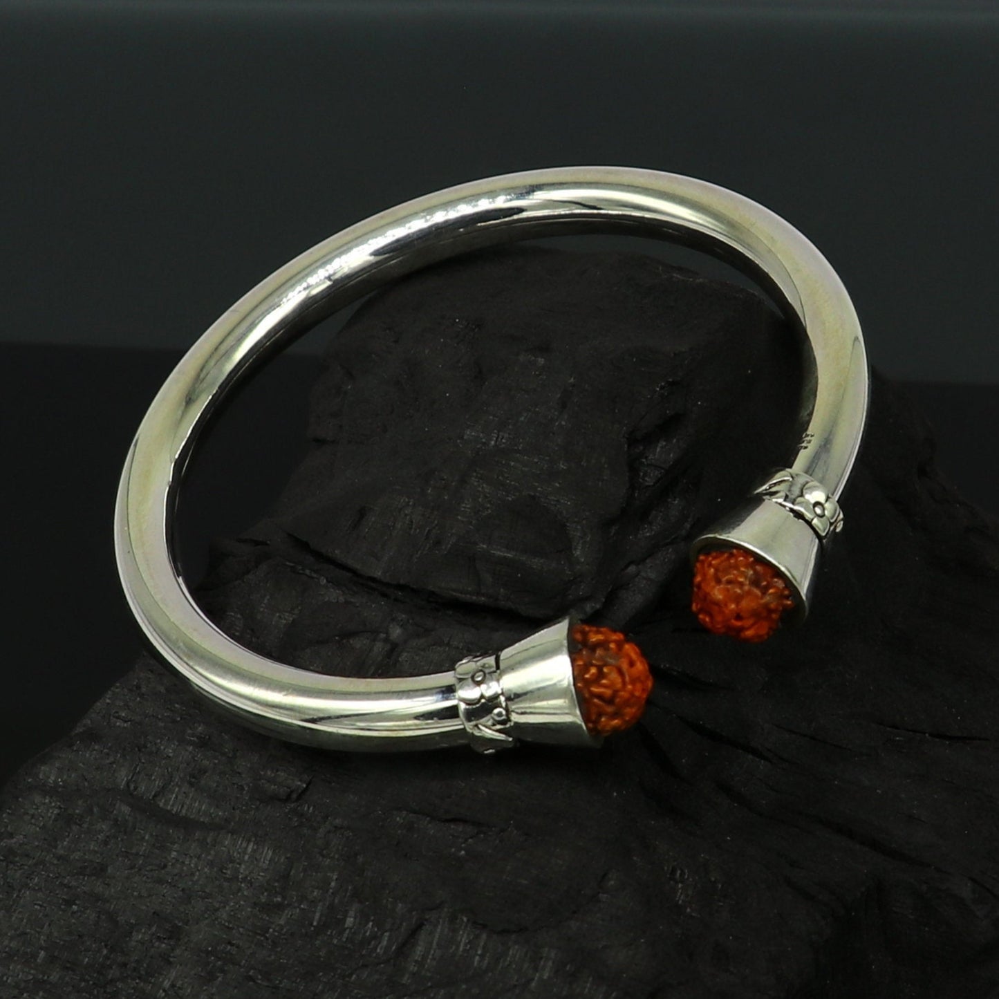 925 sterling silver handmade gorgeous Plain bright stylish kada with rudraksha beads open face kada bracelet jewelry from india nsk81 - TRIBAL ORNAMENTS