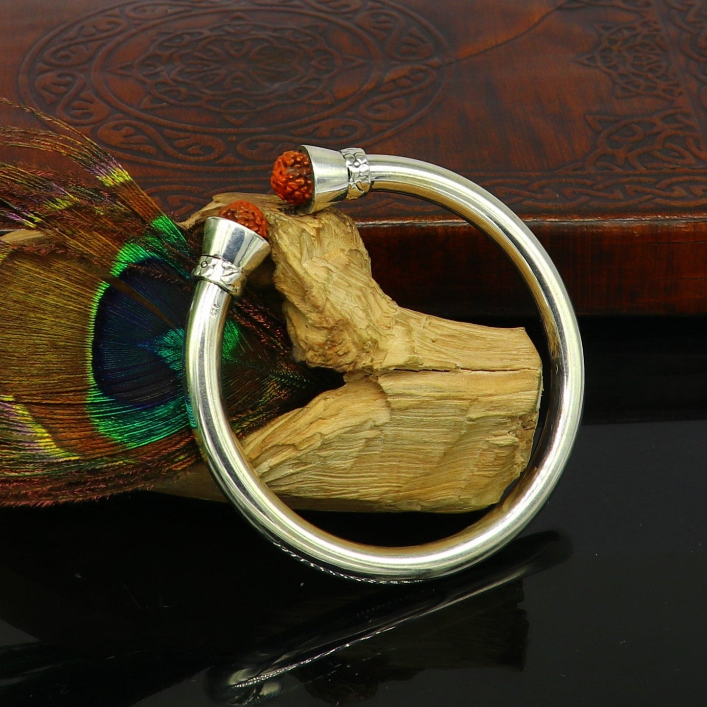 925 sterling silver handmade gorgeous Plain bright stylish kada with rudraksha beads open face kada bracelet jewelry from india nsk81 - TRIBAL ORNAMENTS