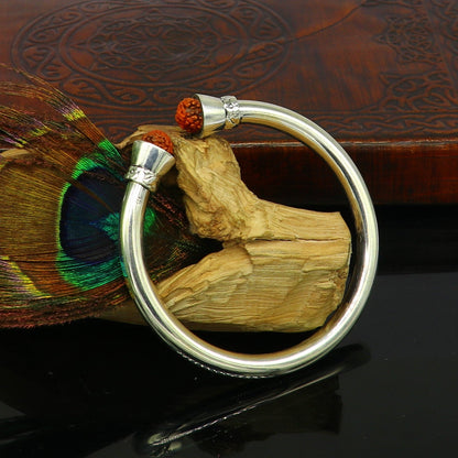 Sterling silver open face bangle cuff with bright Rudraksha beads, handmade stylish kada jewelry from Tribal Ornaments.