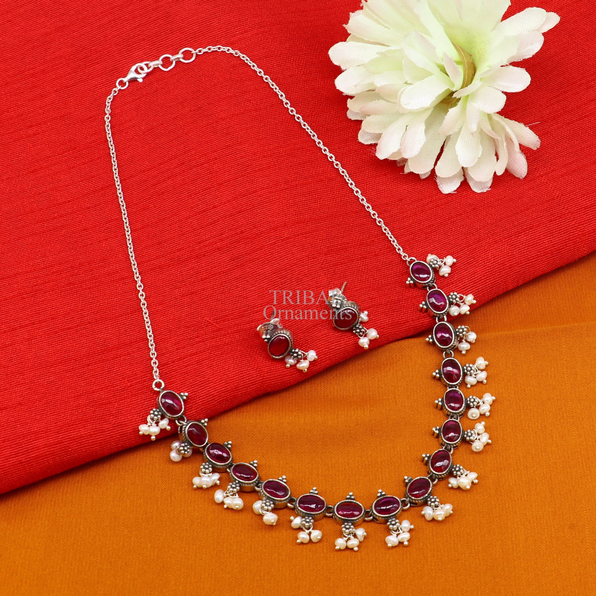 925 sterling silver handmade gorgeous red stone and pearls vintage stylish necklace, wedding brides charm customized jewelry set340 - TRIBAL ORNAMENTS