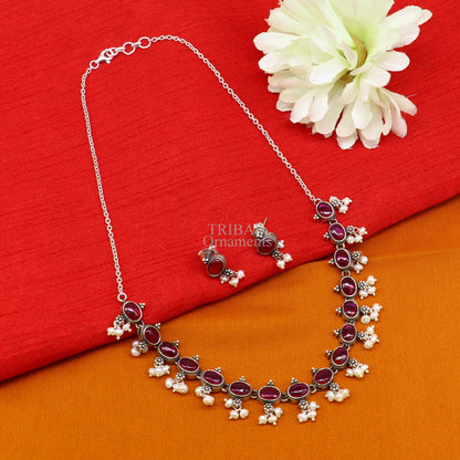 Sterling silver vintage necklace with red stone and pearl accents, featuring a wedding bridal charm, handcrafted jewelry set.