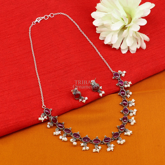 925 sterling silver handmade gorgeous red stone and pearls vintage stylish necklace, wedding brides charm customized jewelry set340 - TRIBAL ORNAMENTS