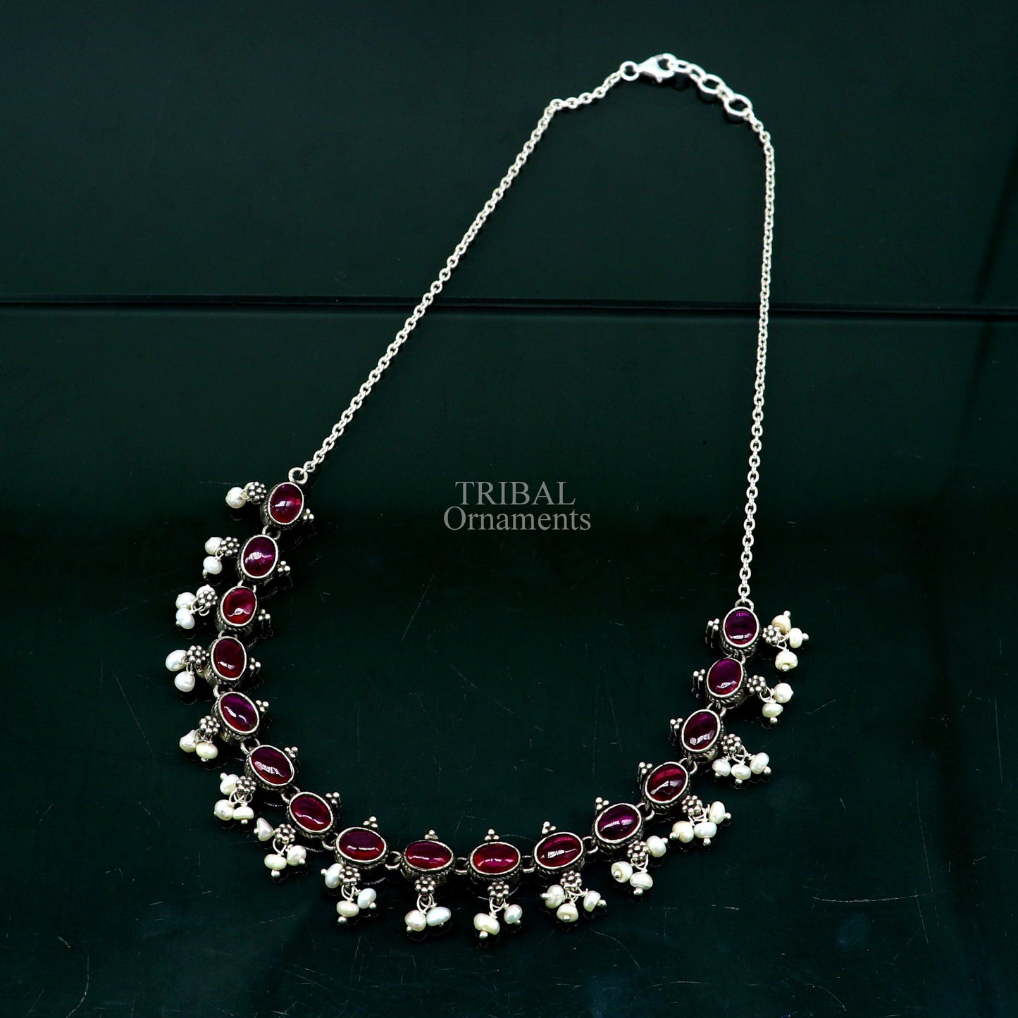 925 sterling silver handmade gorgeous red stone and pearls vintage stylish necklace, wedding brides charm customized jewelry set340 - TRIBAL ORNAMENTS