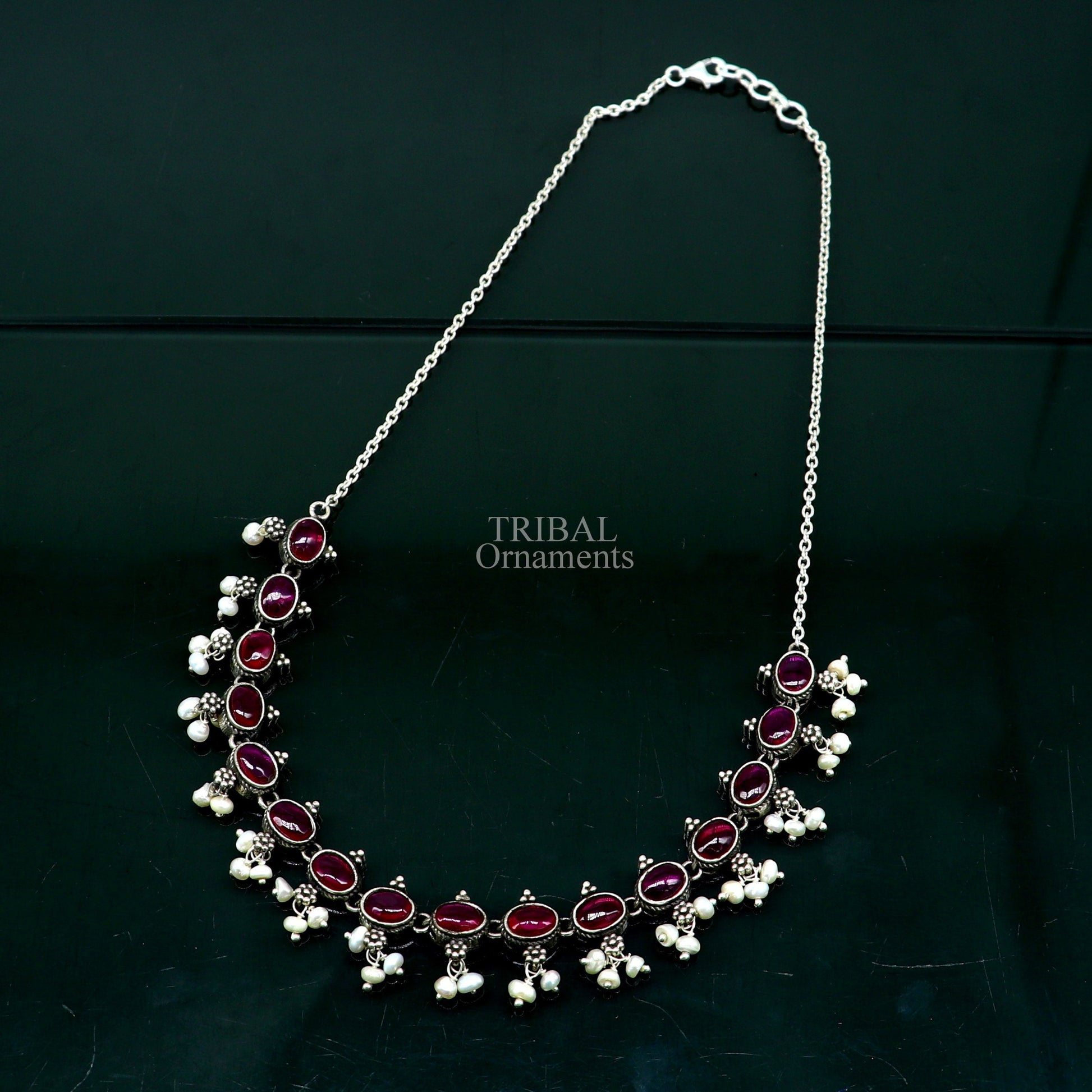 925 sterling silver handmade gorgeous red stone and pearls vintage stylish necklace, wedding brides charm customized jewelry set340 - TRIBAL ORNAMENTS