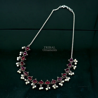 Sterling silver vintage necklace with red stone and pearls, featuring wedding and bride charm, handmade jewelry by TRIBAL ORNAMENTS.