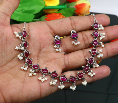 Sterling silver vintage necklace with red stone and pearl accents, featuring a wedding bride charm and customizable jewelry set.