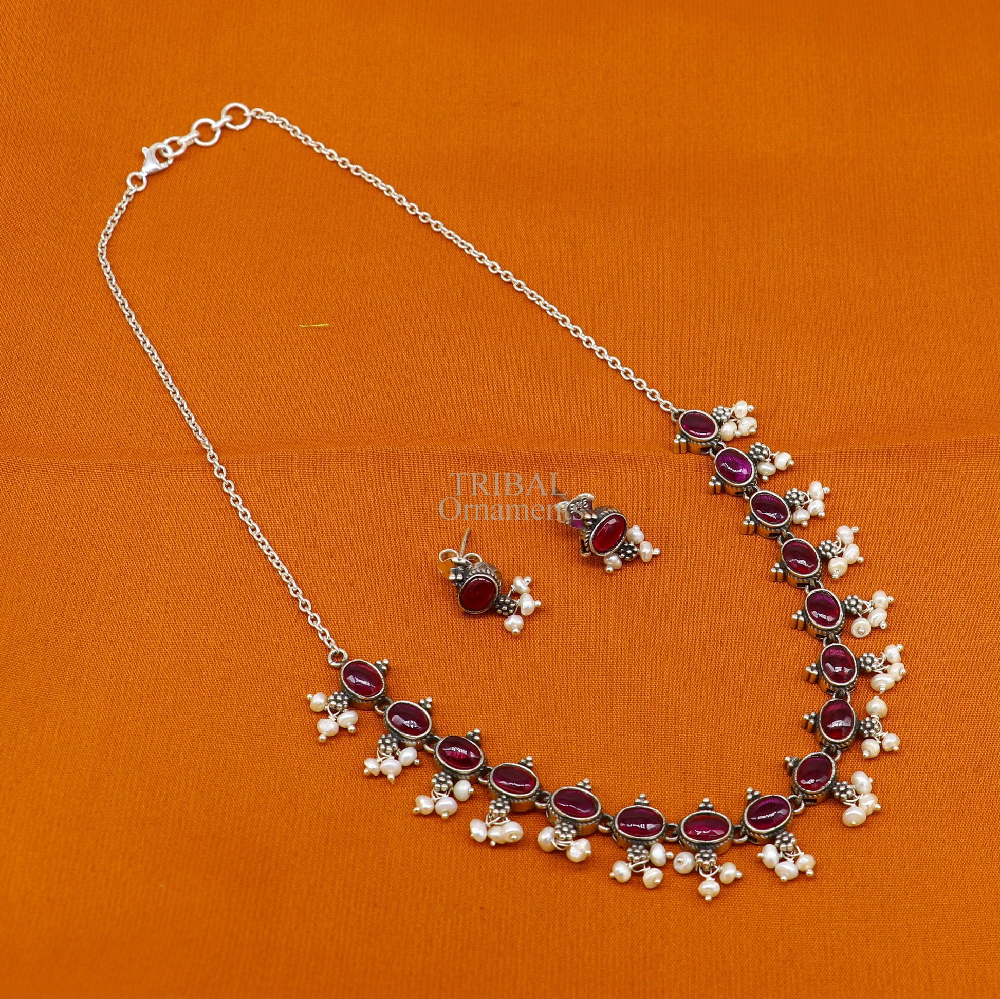925 sterling silver handmade gorgeous red stone and pearls vintage stylish necklace, wedding brides charm customized jewelry set340 - TRIBAL ORNAMENTS