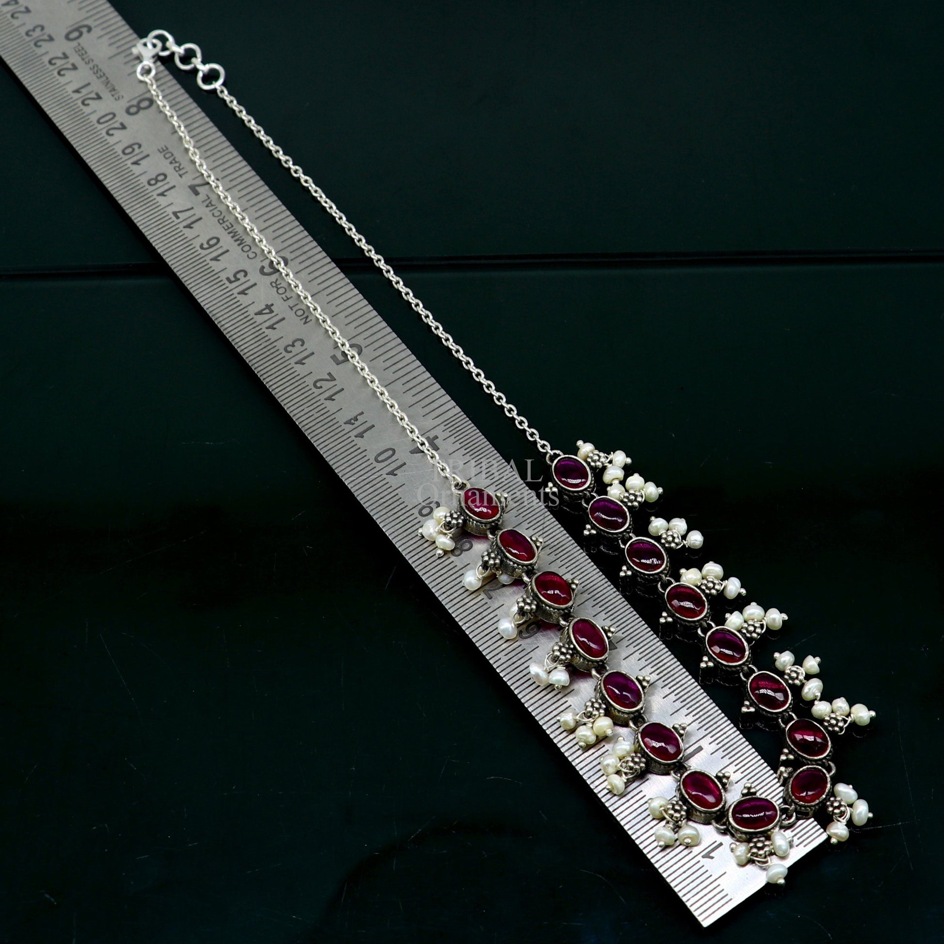 925 sterling silver handmade gorgeous red stone and pearls vintage stylish necklace, wedding brides charm customized jewelry set340 - TRIBAL ORNAMENTS