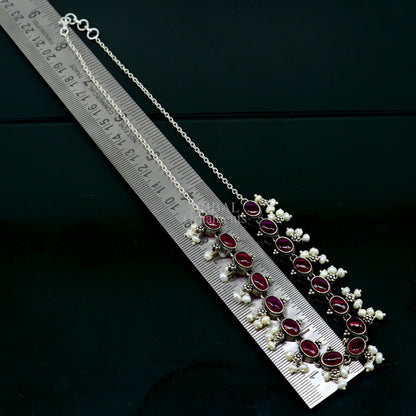 Sterling silver vintage necklace with red stone and pearl accents, stylish wedding jewelry set by TRIBAL ORNAMENTS.