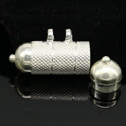 Sterling silver round amulet box pendant with tribal design, handcrafted mantra box jewelry by Tribal Ornaments.