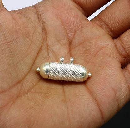 Sterling silver round amulet box pendant with engraved tribal design, handmade tribal jewelry, featuring mantra and Tabiz style.