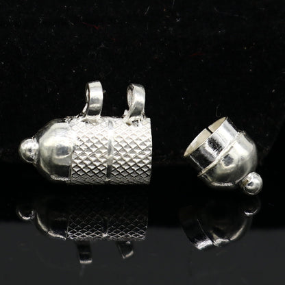 Handmade 925 sterling silver round amulet box pendant with tribal design, featuring a mantra box and silver tabiz, tribal jewelry style.