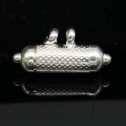 925 sterling silver round amulet box pendant with intricate design, handmade tribal jewelry featuring mantra and kavacham motifs.